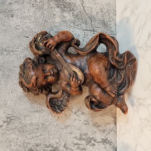 Vintage Large Sculpted Wax Cherub Angel with Wings and Musical Lute Instrument